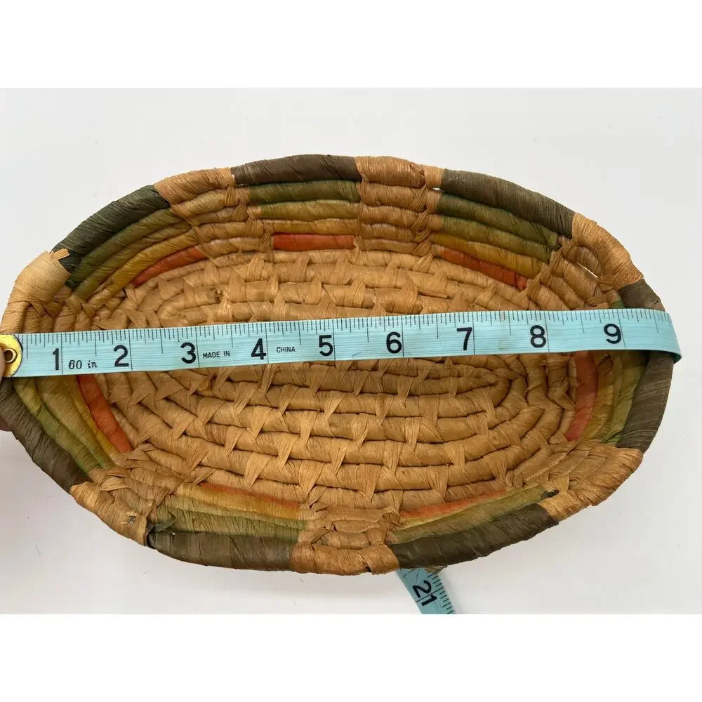 Vintage Boho Coiled Basket Tray Rustic Decor Handwoven Oval Raffia Bowl - 9.5
